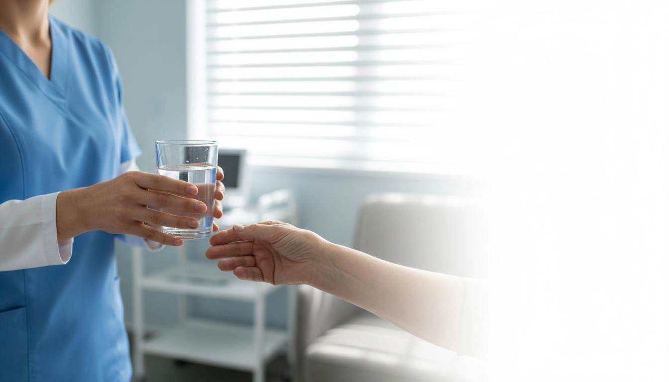 Roke zdravstvenega strokovnjaka ponujajo kozarec vode v mirnem kliničnem okolju – odtegnitveni sindrom, varni prvi koraki