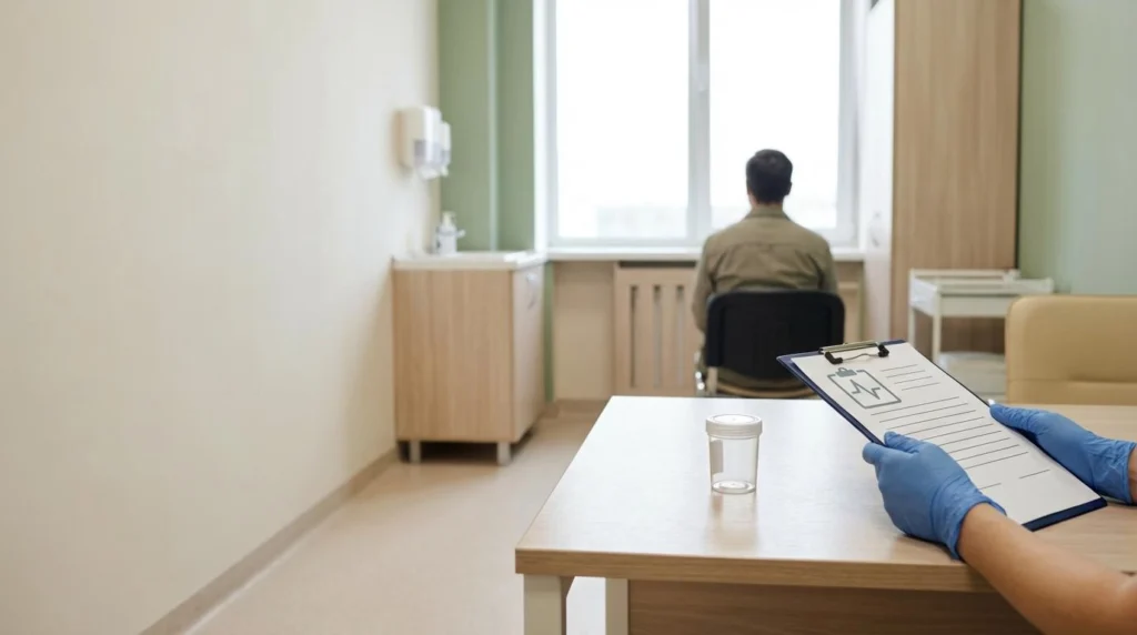 Zdravnik v ordinaciji razlaga testiranje na droge; obraz pacienta ni viden.