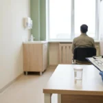 Zdravnik v ordinaciji razlaga testiranje na droge; obraz pacienta ni viden.