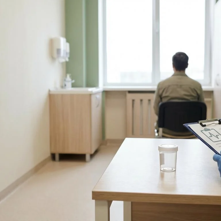 Zdravnik v ordinaciji razlaga testiranje na droge; obraz pacienta ni viden.