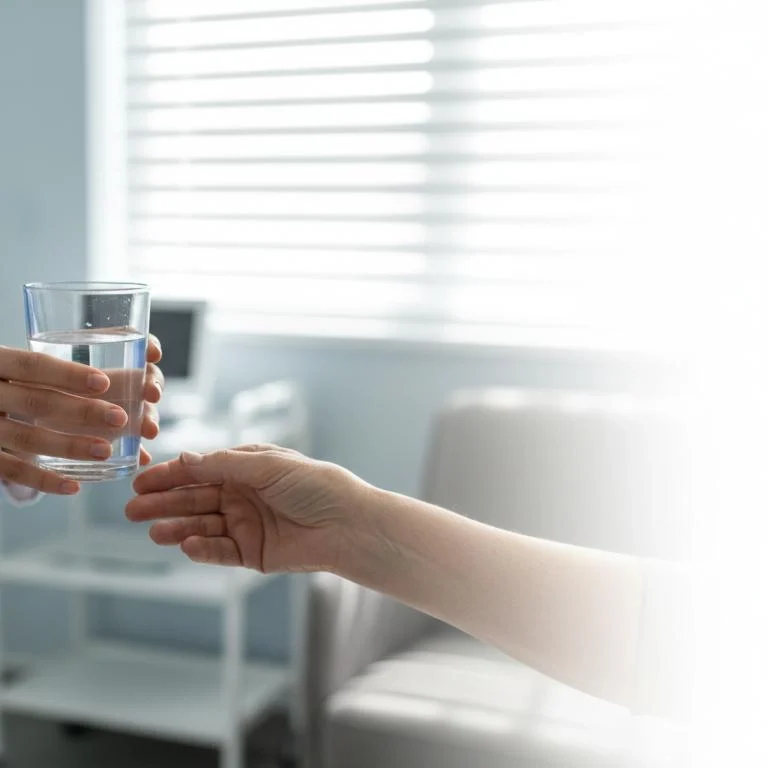 Roke zdravstvenega strokovnjaka ponujajo kozarec vode v mirnem kliničnem okolju – odtegnitveni sindrom, varni prvi koraki